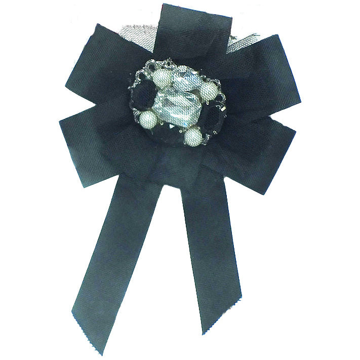 Black & White Jeweled Bow Brooch 7-3/4"