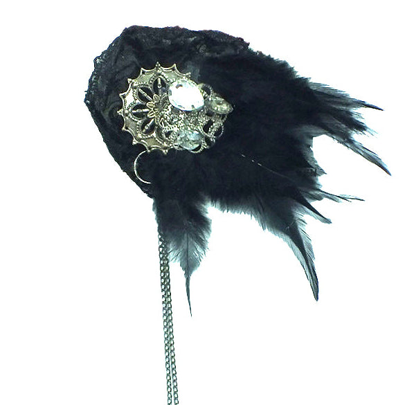 Feather Cabochon Brooch with Chain 5-1/2"