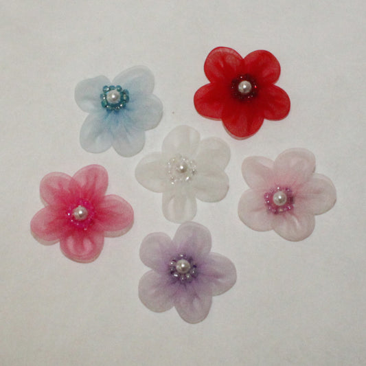 Organza 1-1/2" flower w/pearl, 6 colors, 144 each (#26)