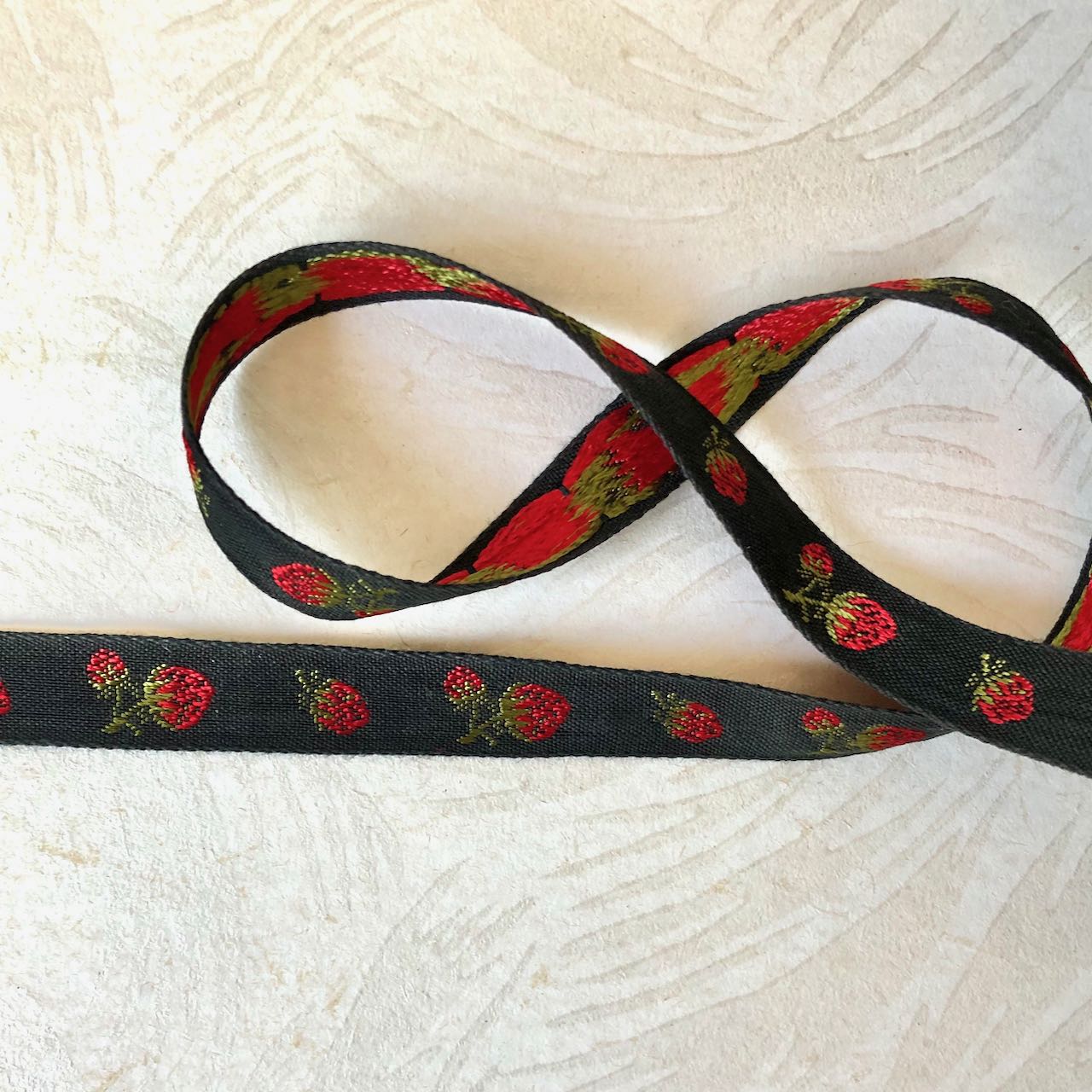 Strawberry_Narrow_Jacquard_Ribbon_Red