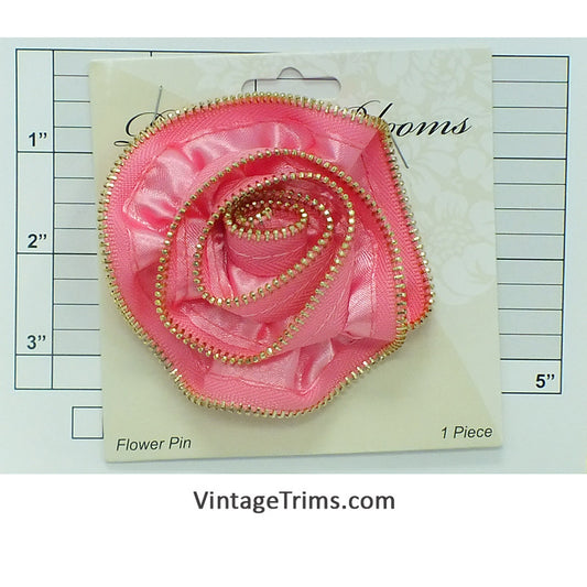 Flower Brooch w/ Zipper Edge 3-1/4" (Bright Pink/Gold)