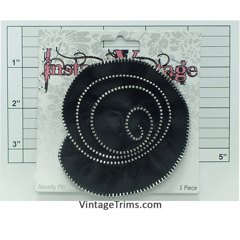 Flower Brooch w/ Zipper Edge 3-1/4" (Black/Silver)