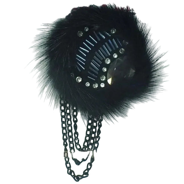 Beaded Fur Brooch with Chain 3"