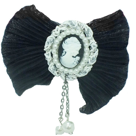 Pleated Chiffon Cameo Bow Brooch  3-1/2"