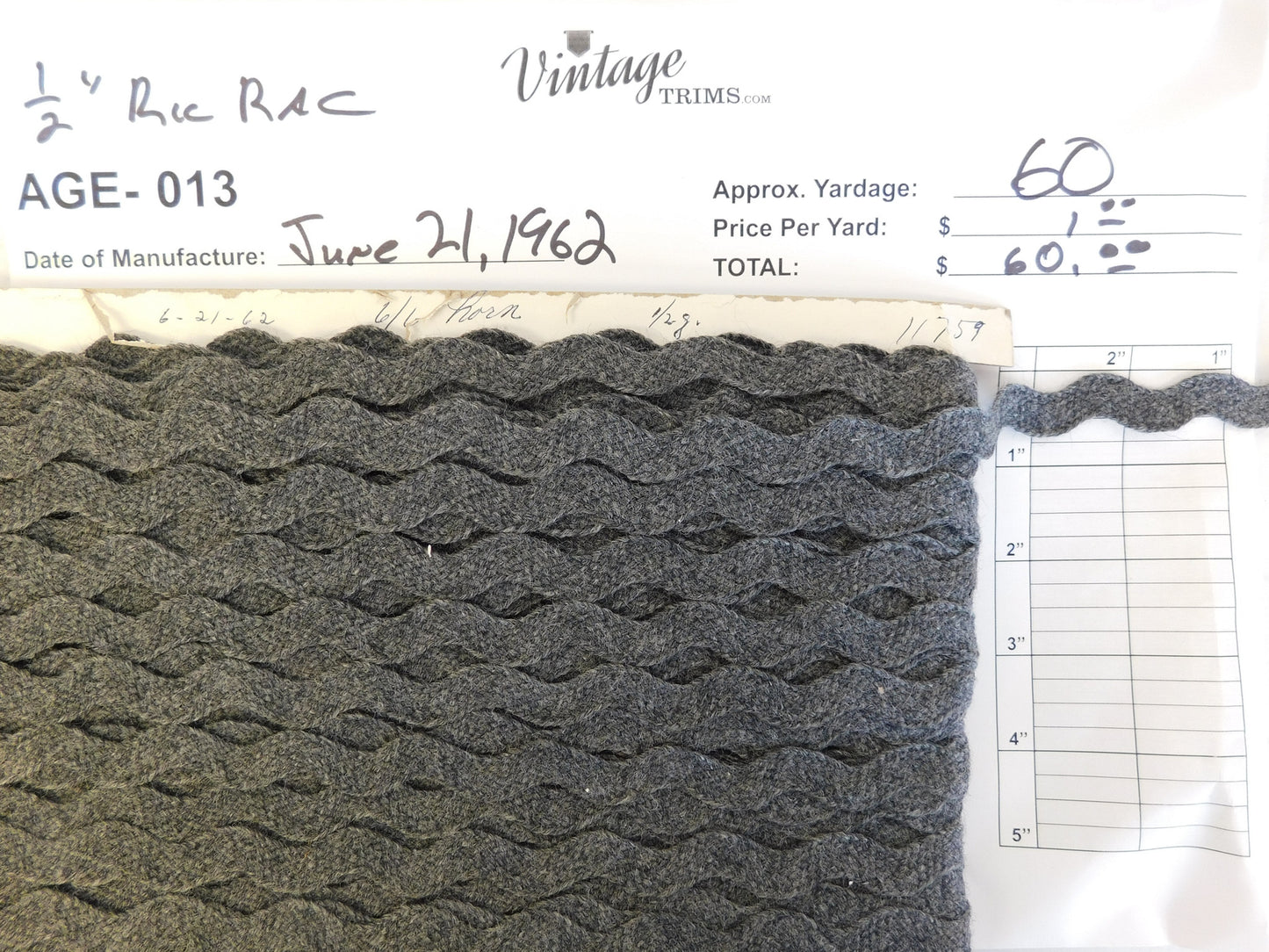 Card of 1/2" Gray Ric Rac (approx. 60 yards)