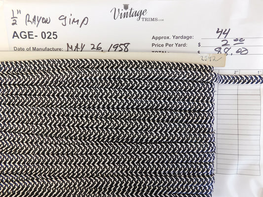 Card of 1/2" Black and White Rayon Gimp (approx. 44 yards)