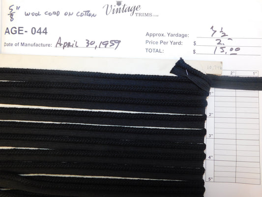 Card of 5/8" Black Wool Cord on Cotton (approx. 7 1/2 yards)