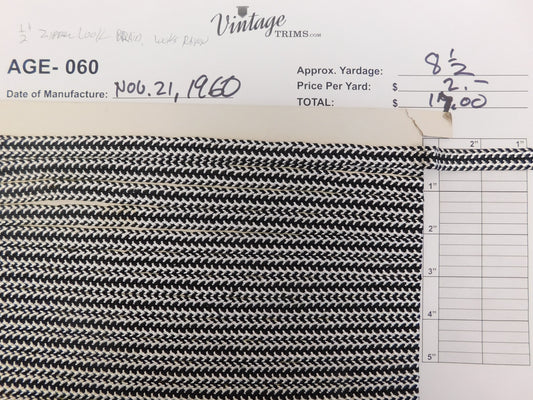 Card of 1/2" Black and White Zipper Braid (approx. 8 1/2 yards)