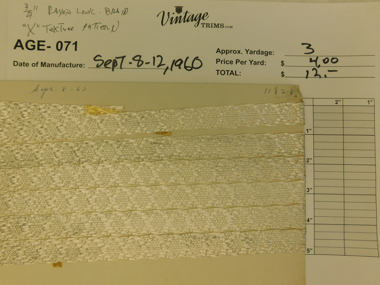 Card of 3/4" White Rayon Braid (approx. 3 yards)