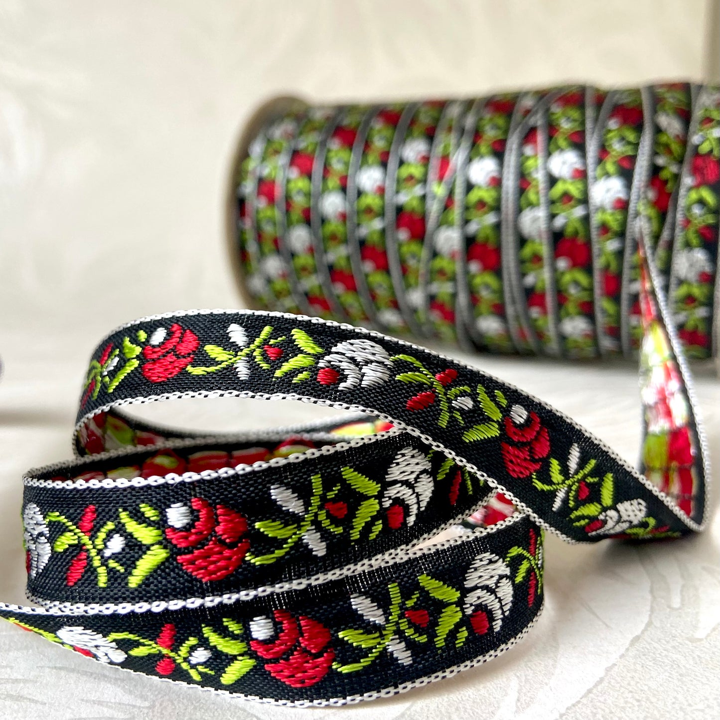 Narrow Rolled Rosebud Jacquard 1/2" - 6 Colorways