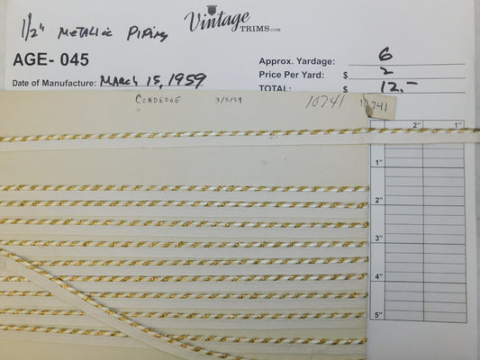Card of 1/2" White and Gold Metallic Piping (approx. 6 yards)