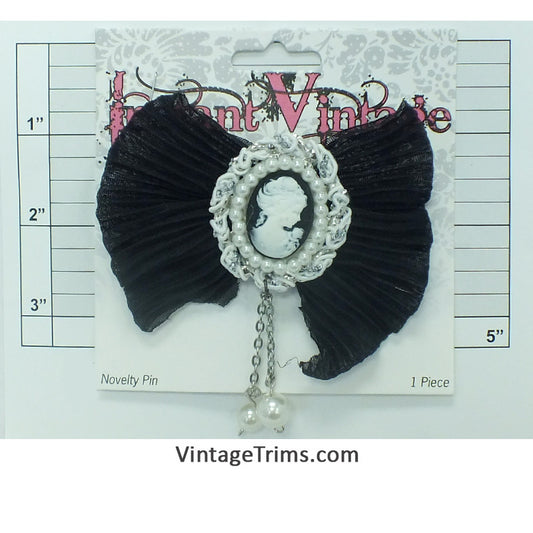 Bow Brooch w/ Portrait 3-1/2" (Black/White/Metallic Silver)