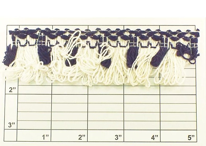 Tassel Fringe w/Braid Top 1-5/8" (Per Yard) White/Navy
