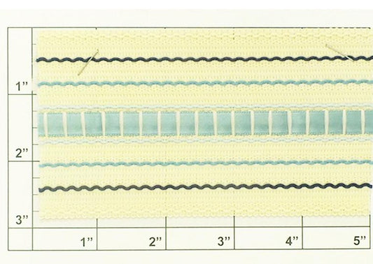 Wide Inset Braid 2-7/8" (Per Yard) Cream/Navy/Light Blue